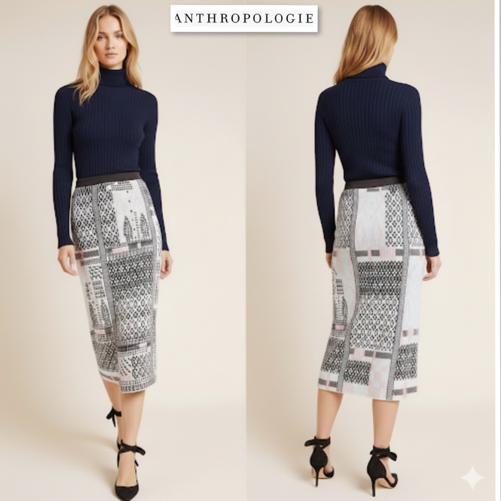 Anthropologie Avery Embroidered Cotton/Wool/ Cashmere Blend Pencil Skirt Size S